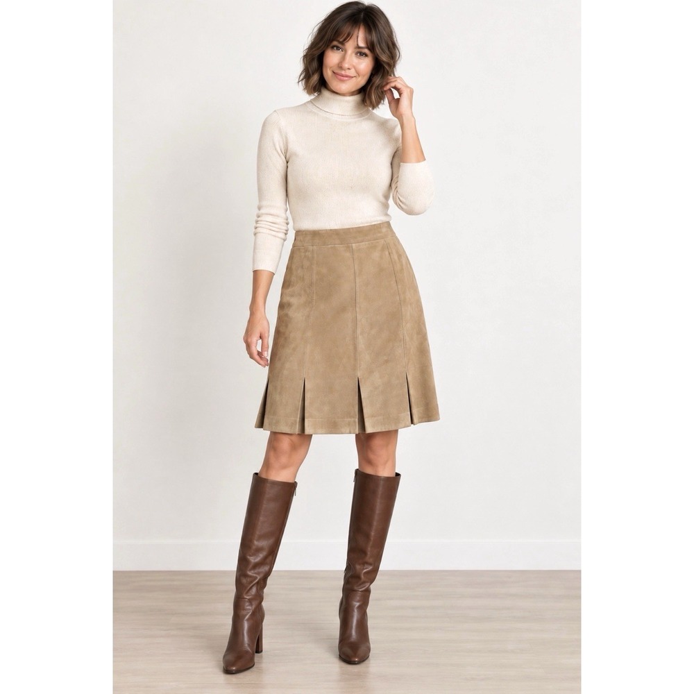 Ann Taylor LOFT 100% Suede Leather Panel Pleat Skirt Tan SZ 8